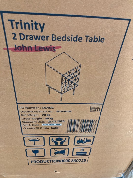 Lot 259  
            Marchington SR10 - Delivery or Collection 

                
JOHN LEWIS & PARTNERS TRINITY 2 DRAWER BEDSIDE TABLE IN ACACIA AND BRASS WITH WHI... - Image 2