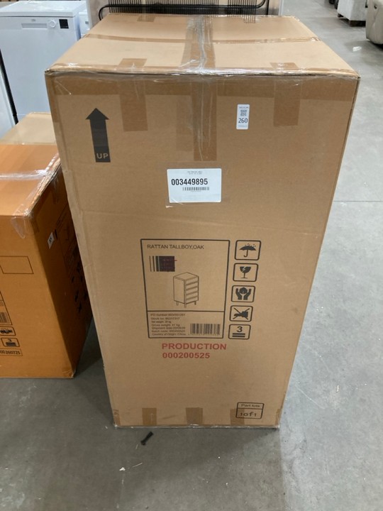 Lot 260  
            Marchington SR10 - Delivery or Collection 

                
JOHN LEWIS & PARTNERS RATTAN TALLBOY CHEST IN OAK - ORIGINAL RRP £699: LOCATION - A5