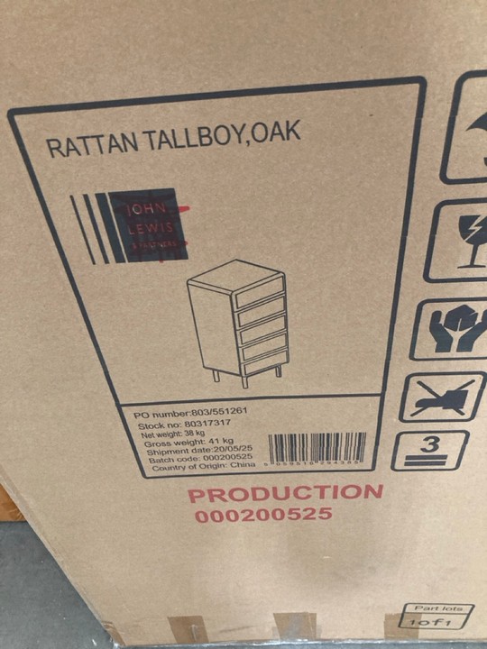 Lot 260  
            Marchington SR10 - Delivery or Collection 

                
JOHN LEWIS & PARTNERS RATTAN TALLBOY CHEST IN OAK - ORIGINAL RRP £699: LOCATION - A5