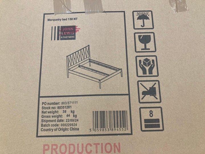 Lot 279  
            Marchington SR10 - Delivery or Collection 

                
JOHN LEWIS & PARTNERS MARQUETRY KING SIZE BED FRAME IN NATURAL - BOX 1 OF 2: LOCA...