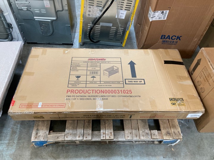 Lot 281  
            Marchington SR10 - Delivery or Collection 

                
JOHN LEWIS & PARTNERS NURSERY COT BED IN LINEN: LOCATION - A5