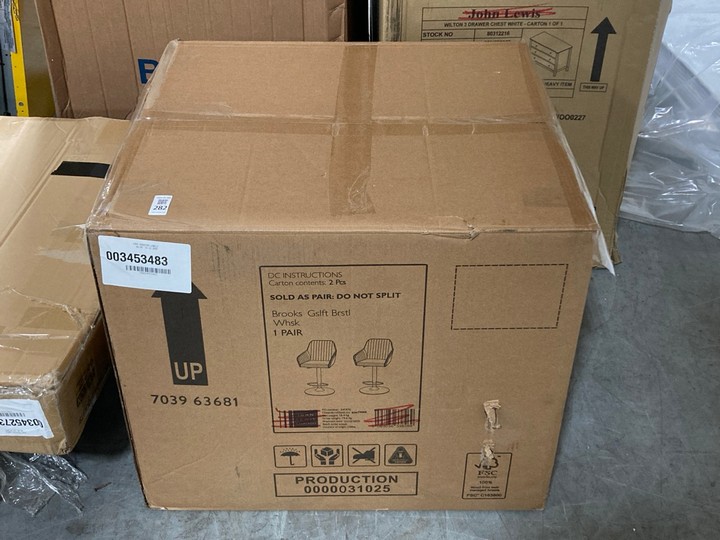 Lot 282  
            Marchington SR10 - Delivery or Collection 

                
PAIR OF JOHN LEWIS & PARTNERS BROOKS GAS LIFT BAR STOOLS IN WHISKY BROWN - ORIGIN...