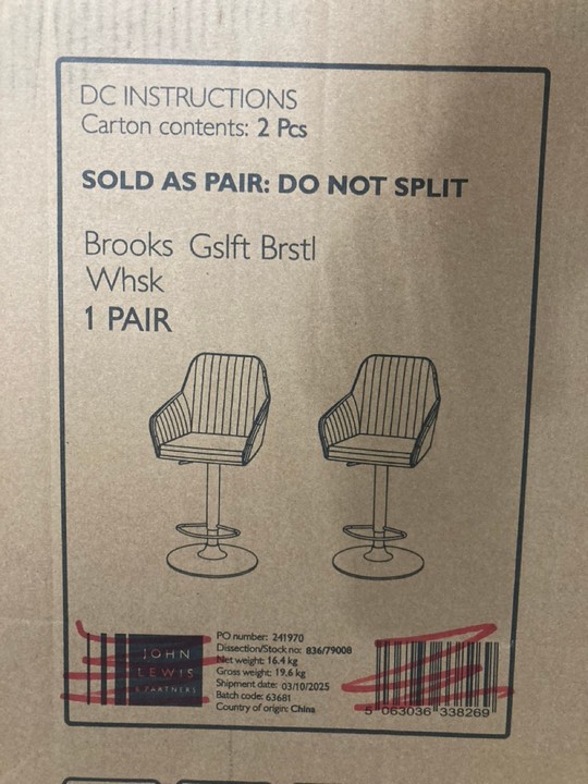 Lot 282  
            Marchington SR10 - Delivery or Collection 

                
PAIR OF JOHN LEWIS & PARTNERS BROOKS GAS LIFT BAR STOOLS IN WHISKY BROWN - ORIGIN... - Image 2