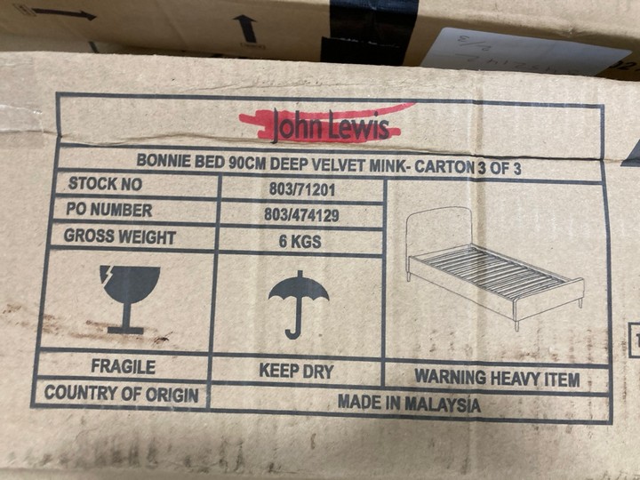 Lot 284  
            Marchington SR10 - Delivery or Collection 

                
JOHN LEWIS & PARTNERS BONNIE SINGLE BED FRAME IN VELVET MINK - ORIGINAL RRP £199:...