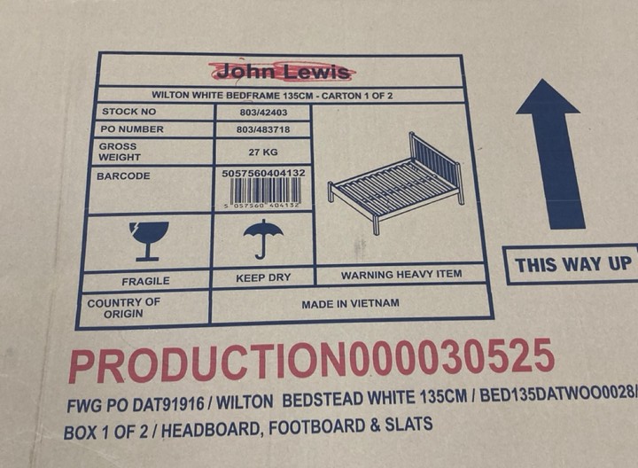 Lot 287  
            Marchington SR10 - Delivery or Collection 

                
JOHN LEWIS & PARTNERS WILTON DOUBLE BED FRAME IN WHITE - BOX 1 OF 2: LOCATION - A6 - Image 2