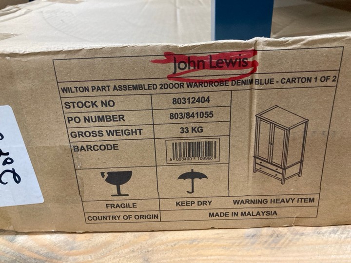 Lot 288  
            Marchington SR10 - Delivery or Collection 

                
JOHN LEWIS & PARTNERS WILTON DOUBLE WARDROBE IN DENIM BLUE FINISH - ORIGINAL RRP ...