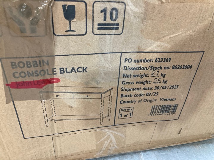 Lot 290  
            Marchington SR10 - Delivery or Collection 

                
JOHN LEWIS & PARTNERS BOBBIN CONSOLE TABLE IN BLACK FINISH: LOCATION - A6