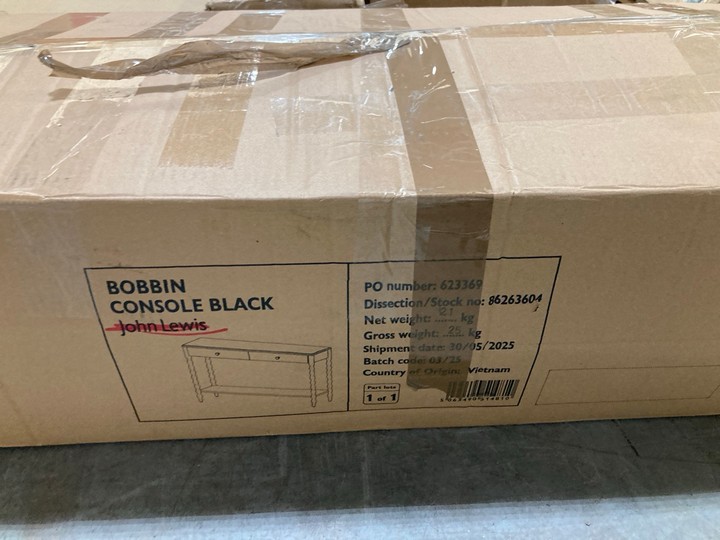 Lot 290  
            Marchington SR10 - Delivery or Collection 

                
JOHN LEWIS & PARTNERS BOBBIN CONSOLE TABLE IN BLACK FINISH: LOCATION - A6