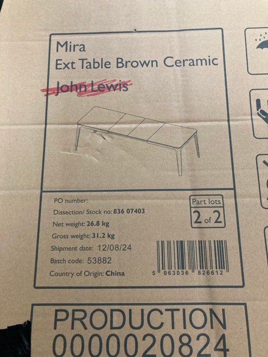 Lot 293  
            Marchington SR10 - Delivery or Collection 

                
JOHN LEWIS & PARTNERS MIRA EXTENDING TABLE IN BROWN CERAMIC ORIGINAL RRP: £1549: ... - Image 2