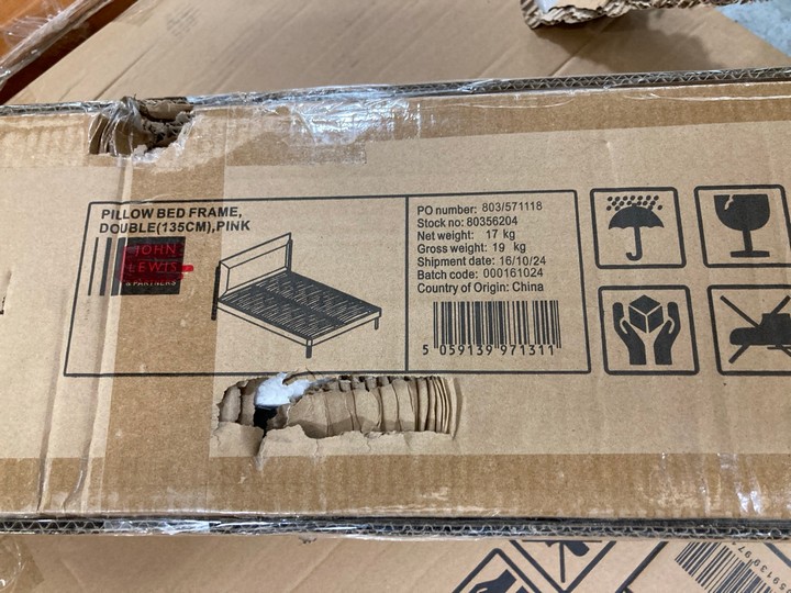 Lot 294  
            Marchington SR10 - Delivery or Collection 

                
JOHN LEWIS & PARTNERS DOUBLE SIZE PILLOW BED FRAME IN PINK ORIGINAL RRP: £699: LO...