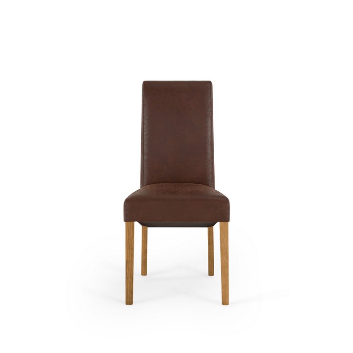 Lot 29  
            Marchington SR10 - Delivery or Collection 

                
OAK FURNITURELAND SCROLL BACK CHAIR IN VINTAGE BROWN LEATHER LOOK FABRIC WITH OAK...