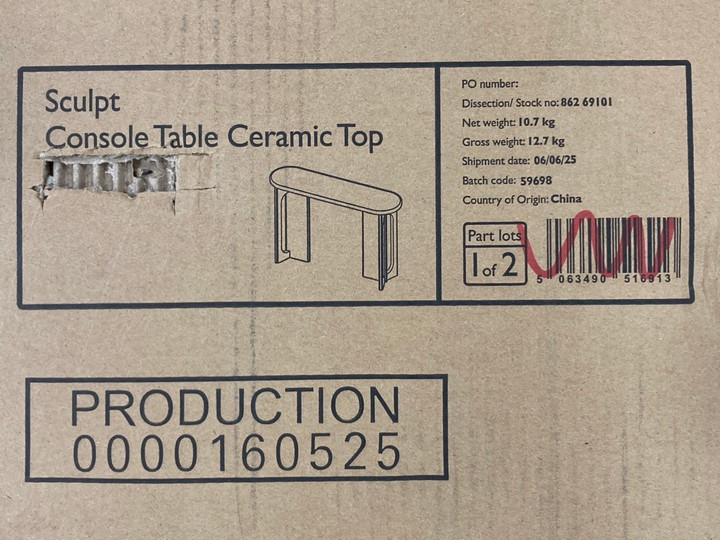 Lot 317  
            Marchington SR10 - Delivery or Collection 

                
JOHN LEWIS & PARTNERS SCULPT CONSOLE TABLE WITH CERAMIC TOP ORIGINAL RRP: £578: L...