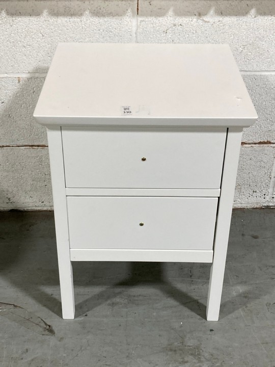 Lot 330  
            Marchington SR10 - Delivery or Collection 

                
JOHN LEWIS & PARTNERS WILTON 2 DRAWER BEDSIDE TABLE IN WHITE ( DAMAGED LEG ) ORIG...