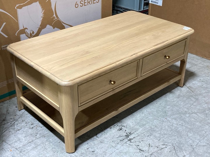 Lot 359  
            Marchington SR10 - Delivery or Collection 

                
OAK FURNITURELAND NEWTON LIGHT NATURAL SOLID OAK COFFEE TABLE - ORIGINAL RRP £399...