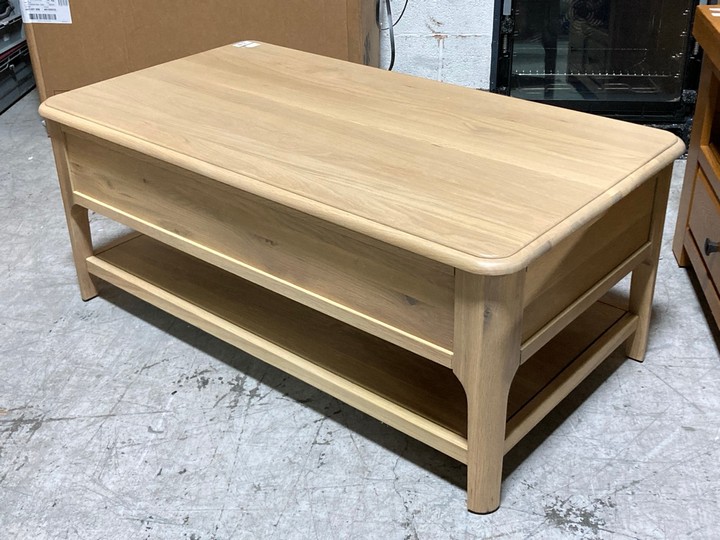 Lot 359  
            Marchington SR10 - Delivery or Collection 

                
OAK FURNITURELAND NEWTON LIGHT NATURAL SOLID OAK COFFEE TABLE - ORIGINAL RRP £399...