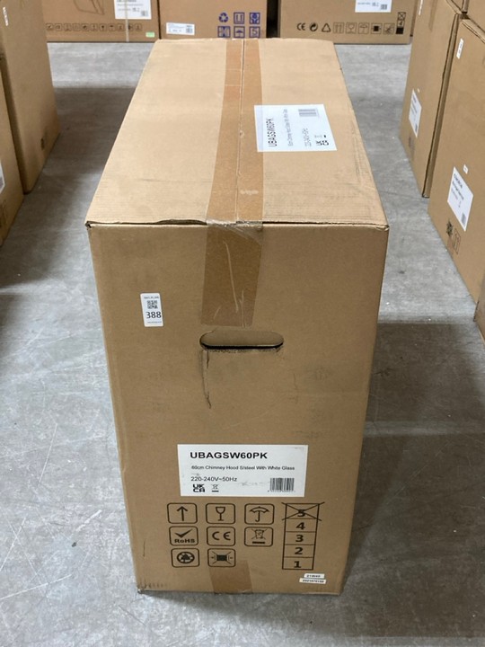 Lot 388  
            Marchington SR10 - Delivery or Collection 

                
APELSON 60CM CHIMNEY COOKER HOOD IN STAINLESS STEEL WITH WHITE GLASS - ORIGINAL R... - Image 2