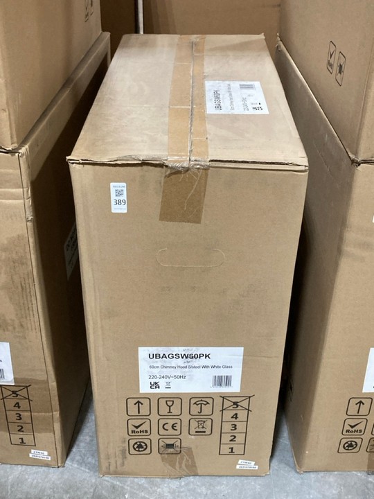 Lot 389  
            Marchington SR10 - Delivery or Collection 

                
APELSON 60CM CHIMNEY COOKER HOOD IN STAINLESS STEEL WITH WHITE GLASS - ORIGINAL R...