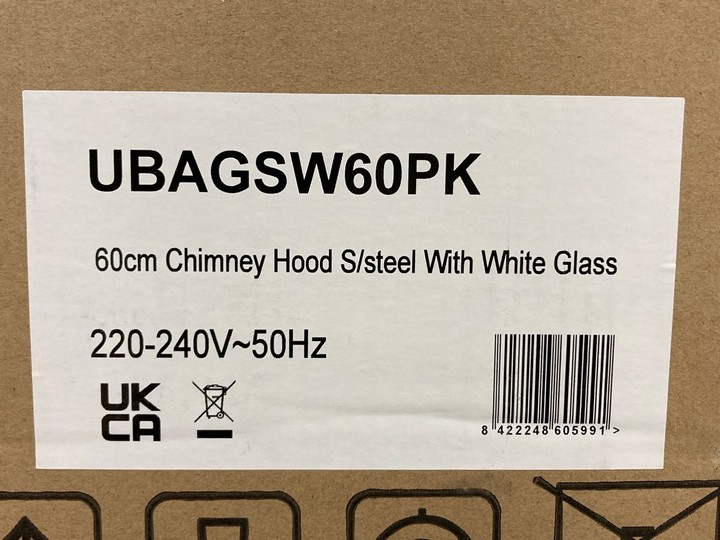 Lot 389  
            Marchington SR10 - Delivery or Collection 

                
APELSON 60CM CHIMNEY COOKER HOOD IN STAINLESS STEEL WITH WHITE GLASS - ORIGINAL R...