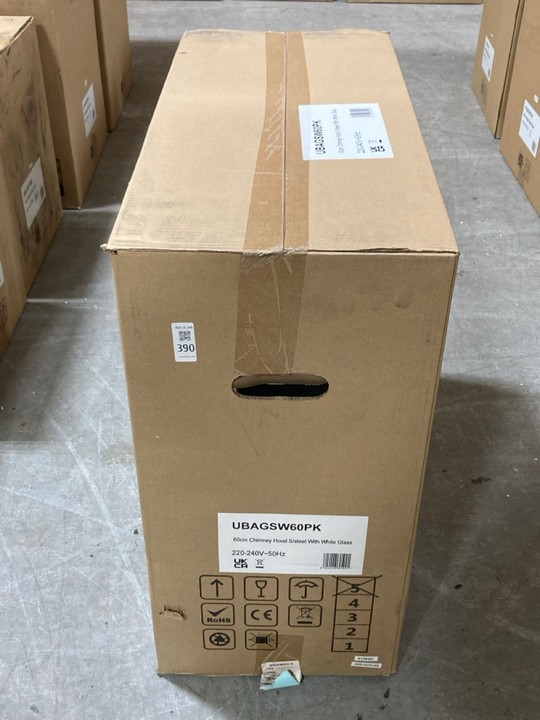 Lot 390  
            Marchington SR10 - Delivery or Collection 

                
APELSON 60CM CHIMNEY COOKER HOOD IN STAINLESS STEEL WITH WHITE GLASS - ORIGINAL R...