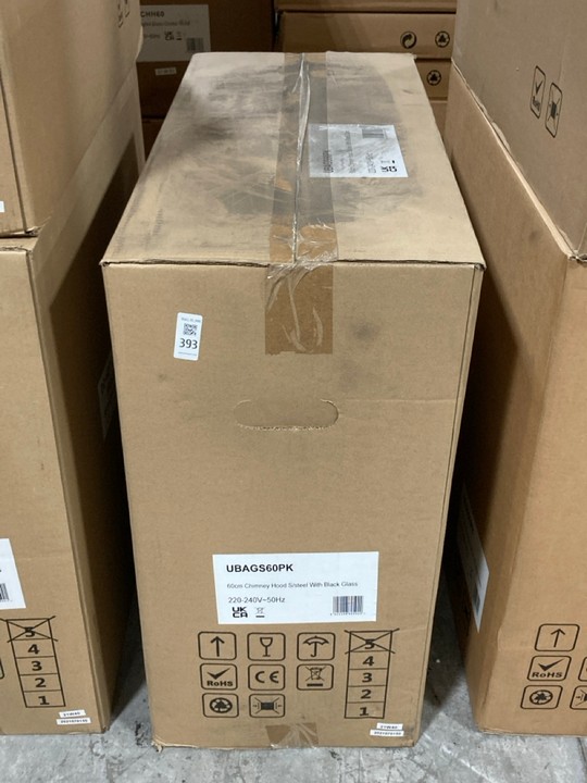 Lot 393  
            Marchington SR10 - Delivery or Collection 

                
APELSON 60CM CHIMNEY COOKER HOOD IN STAINLESS STEEL WITH WHITE GLASS - ORIGINAL R...