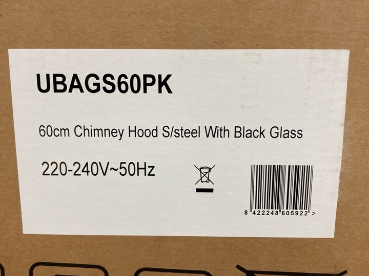Lot 397  
            Marchington SR10 - Delivery or Collection 

                
APELSON 60CM CHIMNEY COOKER HOOD IN STAINLESS STEEL WITH WHITE GLASS - ORIGINAL R...