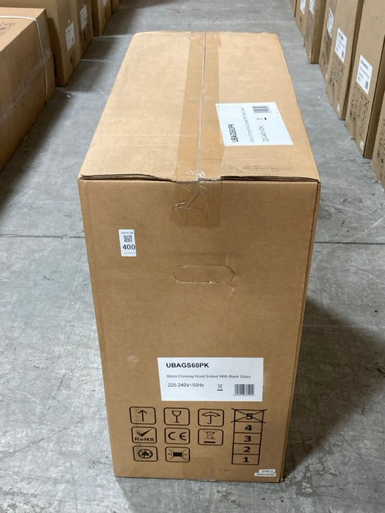 Lot 400  
            Marchington SR10 - Delivery or Collection 

                
APELSON 60CM CHIMNEY COOKER HOOD IN STAINLESS STEEL WITH WHITE GLASS - ORIGINAL R...