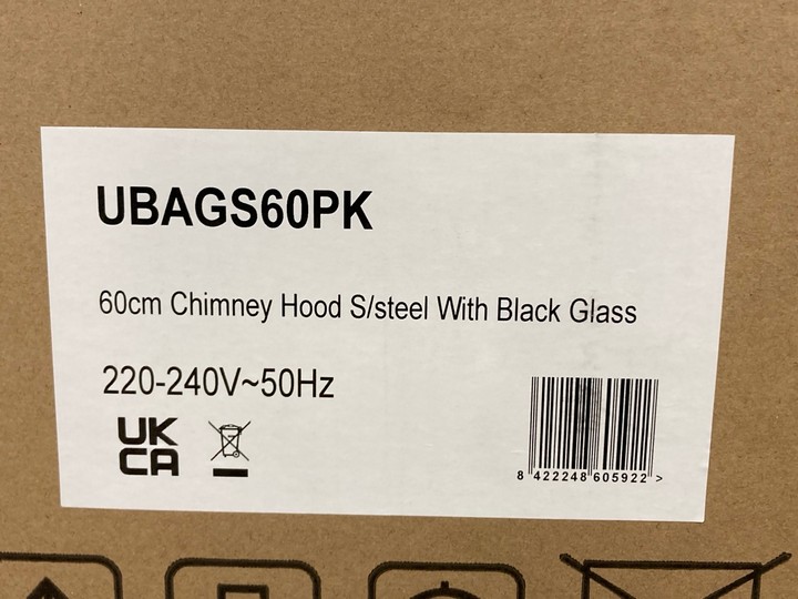 Lot 400  
            Marchington SR10 - Delivery or Collection 

                
APELSON 60CM CHIMNEY COOKER HOOD IN STAINLESS STEEL WITH WHITE GLASS - ORIGINAL R...