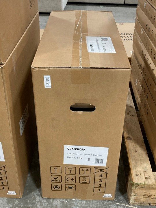 Lot 401  
            Marchington SR10 - Delivery or Collection 

                
APELSON 60CM CHIMNEY COOKER HOOD IN STAINLESS STEEL WITH WHITE GLASS - ORIGINAL R...