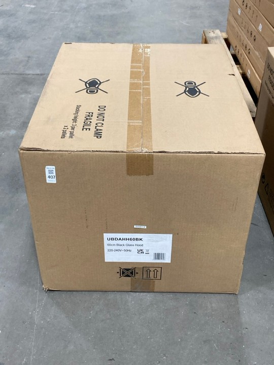 Lot 407  
            Marchington SR10 - Delivery or Collection 

                
CULINA 60CM COOKER HOOD IN BLACK GLASS : MODEL UBDAHH60BK: LOCATION - A2