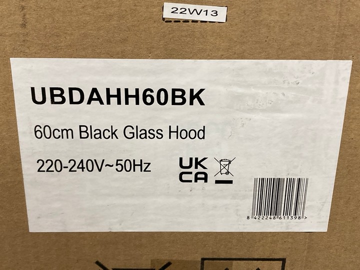 Lot 407  
            Marchington SR10 - Delivery or Collection 

                
CULINA 60CM COOKER HOOD IN BLACK GLASS : MODEL UBDAHH60BK: LOCATION - A2