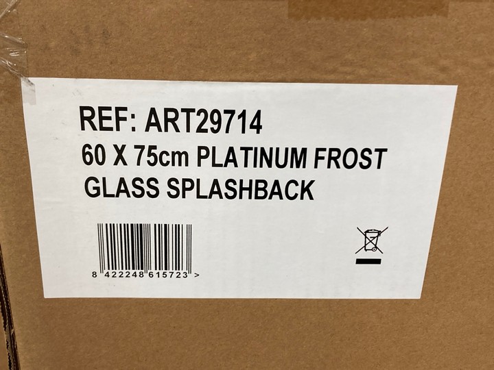 Lot 416  
            Marchington SR10 - Delivery or Collection 

                
4 X 60 X 75CM GLASS SPLASHBACKS IN PLATINUM FROST: LOCATION - A2