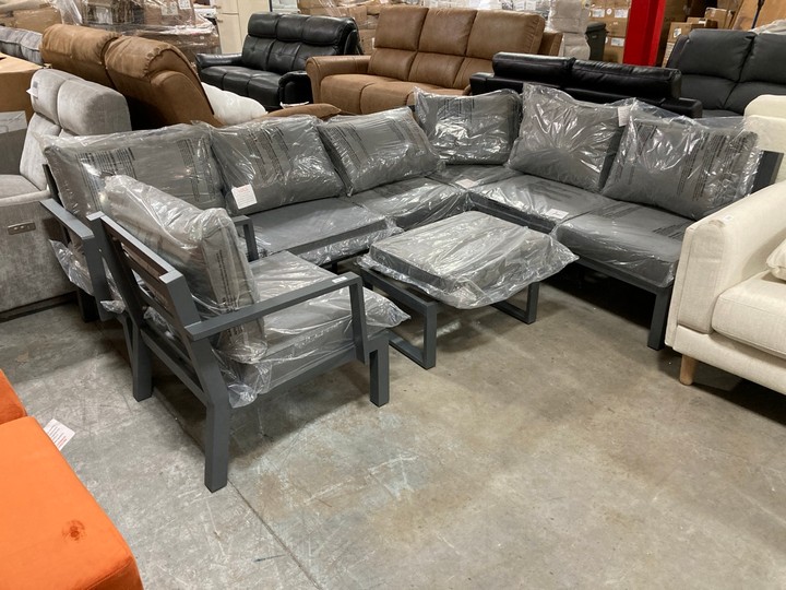Lot 449  
            Marchington SR10 - Delivery or Collection 

                
DREAMS OUTDOOR GARDEN FURNITURE CORNER SET IN GREY: LOCATION - C8