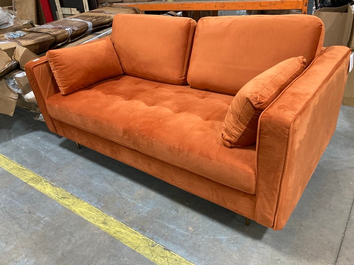 Lot 469  
            Marchington SR10 - Delivery or Collection 

                
DREAMS INTERIOR VELVET ORANGE 2 SEATER SOFA: LOCATION - C8