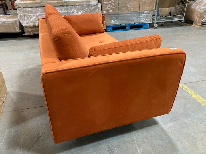 Lot 469  
            Marchington SR10 - Delivery or Collection 

                
DREAMS INTERIOR VELVET ORANGE 2 SEATER SOFA: LOCATION - C8 - Image 3