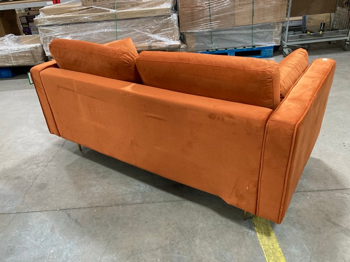 Lot 469  
            Marchington SR10 - Delivery or Collection 

                
DREAMS INTERIOR VELVET ORANGE 2 SEATER SOFA: LOCATION - C8 - Image 4