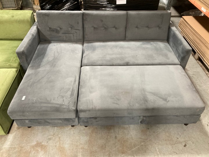 Lot 474  
            Marchington SR10 - Delivery or Collection 

                
DREAMS INTERIORS CHAISE CORNER SOFA WITH LARGE STORAGE FOOTSTOOL IN VELVET GREY: ...
