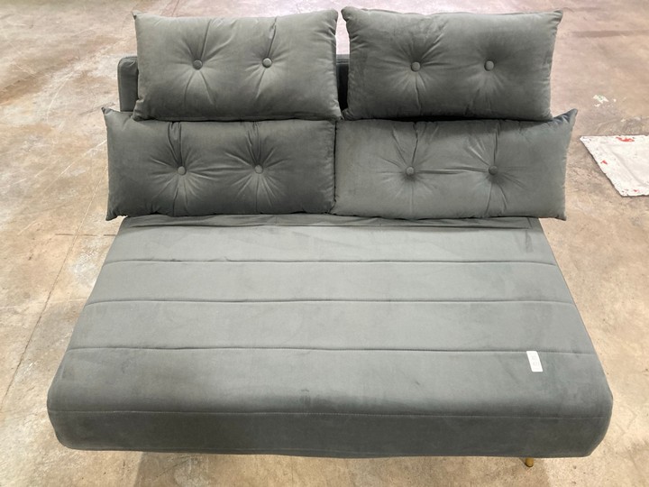 Lot 477  
            Marchington SR10 - Delivery or Collection 

                
DREAMS INTERIORS 2 SEATER FOLD OUT STYLE SOFA BED IN PLUSH GREY VELVET WITH POLIS...