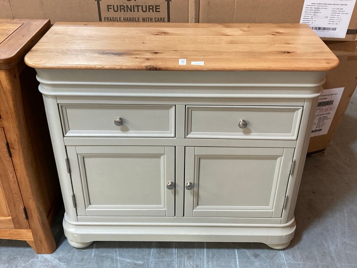 Lot 72  
            Marchington SR10 - Delivery or Collection 

                
OAK FURNITURELAND BRINDLE NATURAL OAK AND PAINTED SMALL SIDEBOARD - ORIGINAL RRP ...