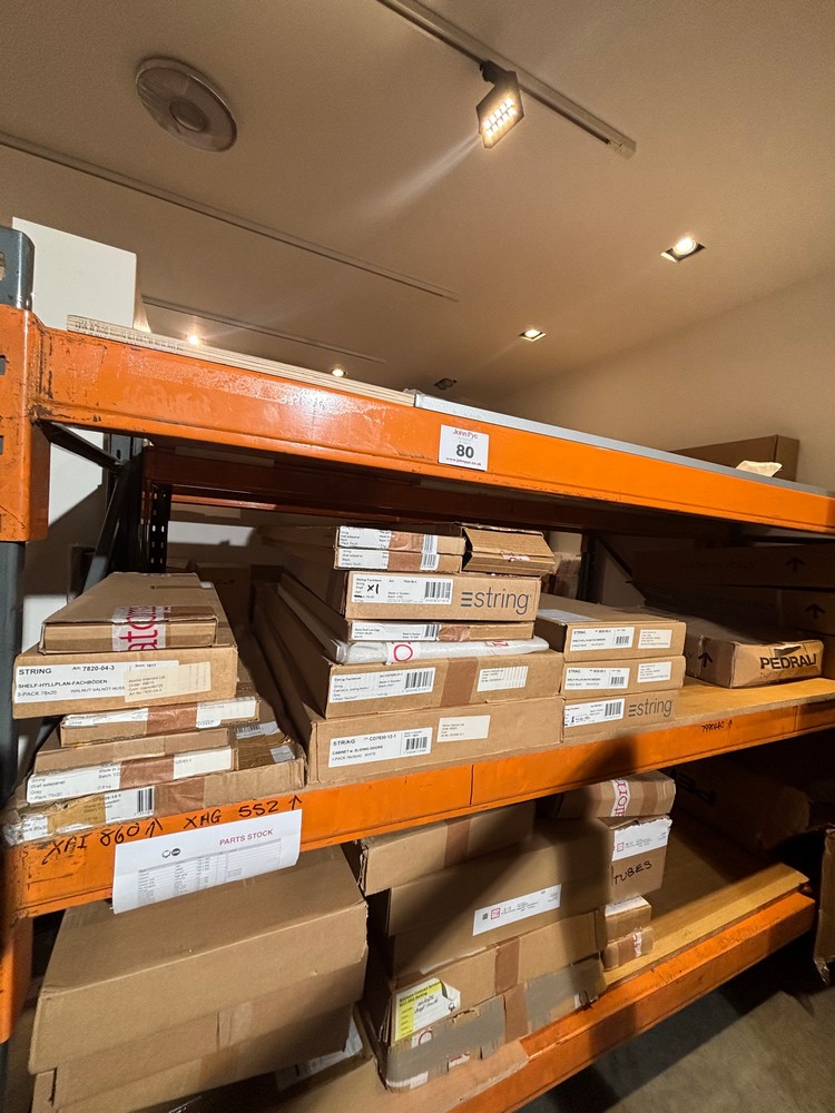Lot 80  
            Offsite, Nottingham - Collection Only 

                
Qty of Racking & Stock to include String Shelves by Nils Strinning