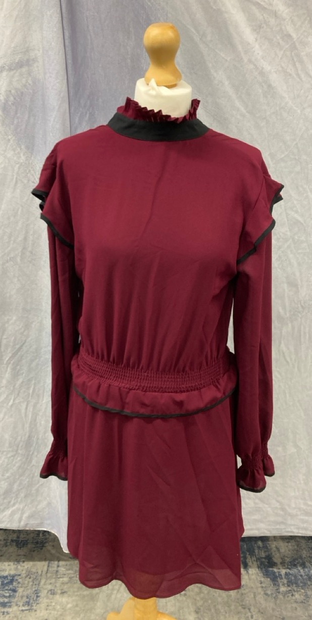 Lot 17  
            Edinburgh SR20 - Delivery Only 

                
PINKO PLEATED HIGH COLLAR DRESS IN BURGUNDY POLYESTER NO SIZE: LOCATION - RAIL 3