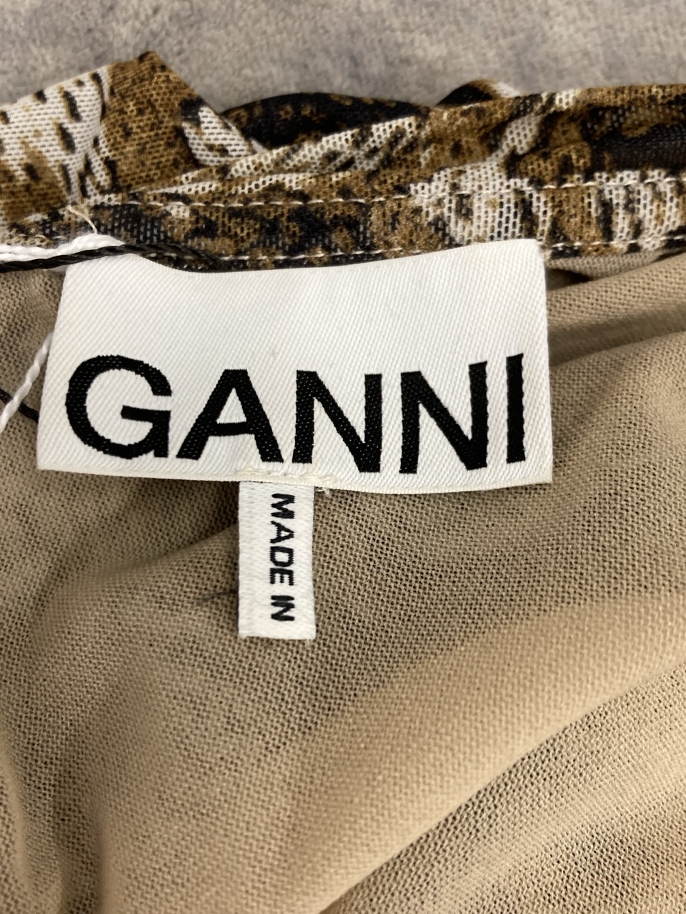Lot 21  
            Edinburgh SR20 - Delivery Only 

                
GANNI RUCHED MINI DRESS IN BROWN PRINT POLYAMIDE NO SIZE: LOCATION - RAIL 3