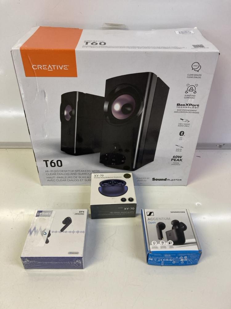 Lot 23  
            Birmingham Premium - Parcel Delivery Only 

                
ASSORTED TECH ITEMS TO INCLUDE CREATIVE T60 DESKTOP SPEAKER, EARPHONES . (ORIGINA...