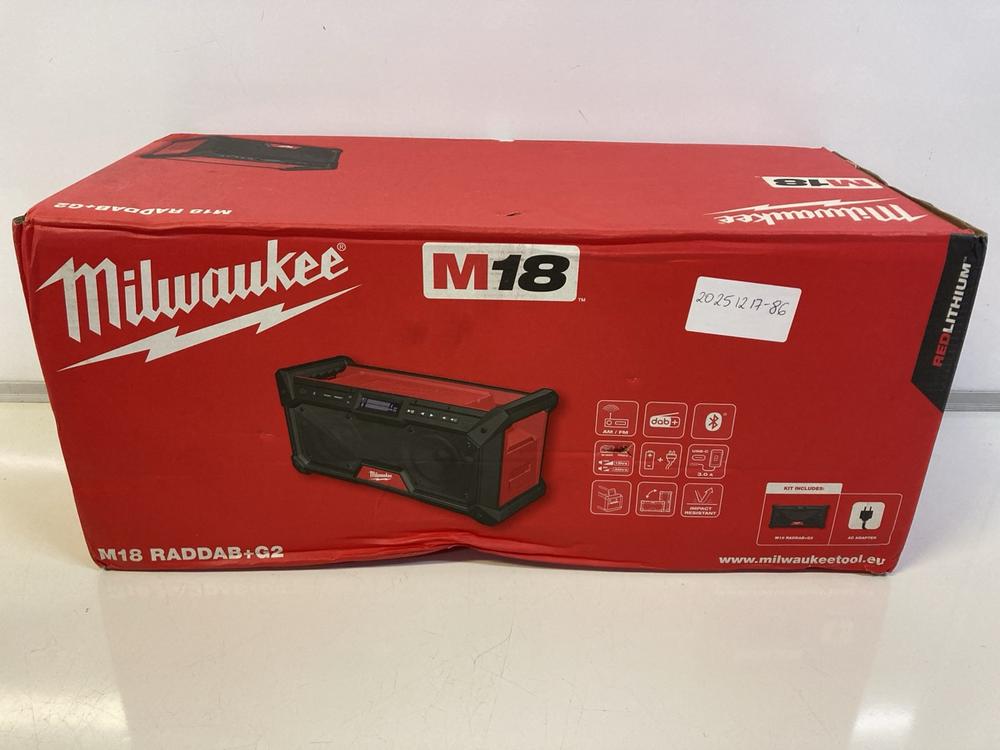 Lot 50  
            Birmingham Premium - Parcel Delivery Only 

                
MILWAUKEE M18 RADDAB+G2 RADIO (ORIGINAL RRP - £239) IN RED. (POWER CABLE, BOXED) ...